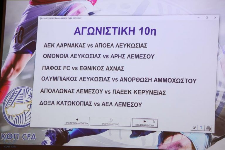 Πρωτάθλημα Cyta: Το πρόγραμμα της 10ης αγωνιστικής